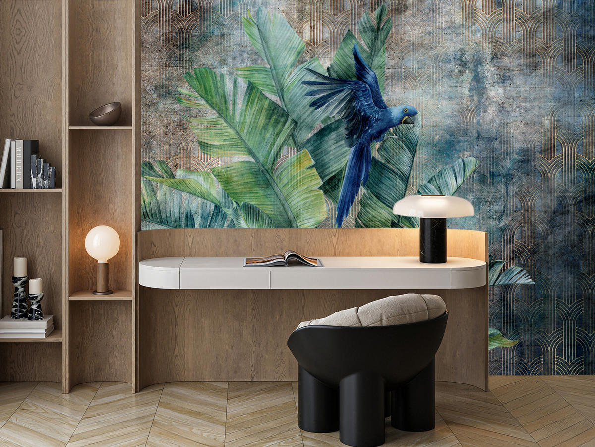 FOTOTAPETA Pre Obývaciu Izbu Retro Papagáj Tropické Listy 250 x 175 cm - hnedá/modrá, papier (250/175cm) - Muralo