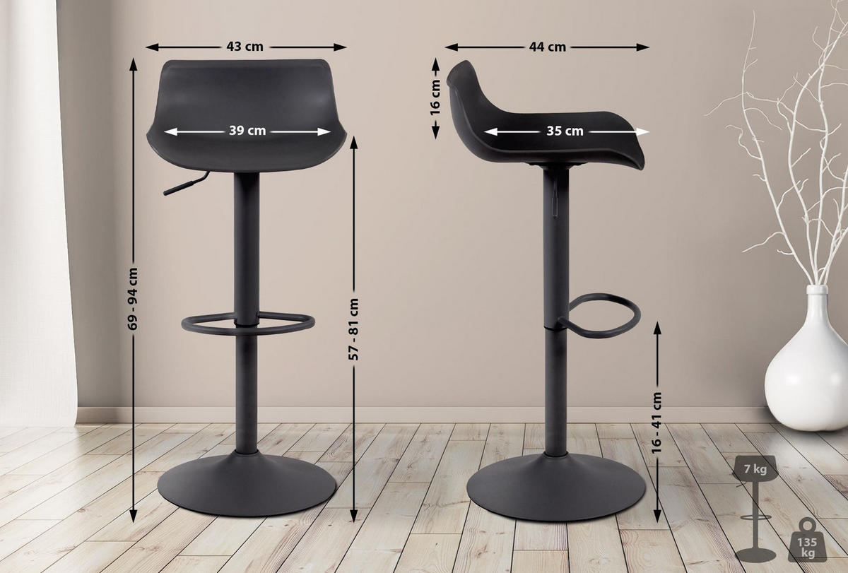 BARHOCKER 4er Set Kunststoff Schwarz - Schwarz, Kunststoff/Metall (43/69/44cm) - CLP