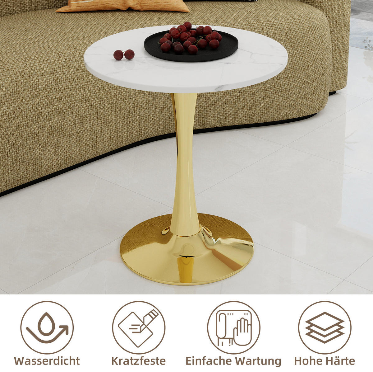 COUCHTISCH 70.1 cm aus Kunstmarmor in Gold/Weiß im modernen Stil - Goldfarben, Stein (70/70/72cm) - OKMYHOME