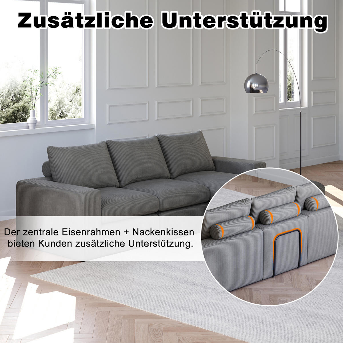 ECKSOFA 251/160/81 cm dunkelgrau aus Cord mit Chaiselongue, 4 Modulen und Kissen - Dunkelgrau, Textil (160/251cm) - OKWISH