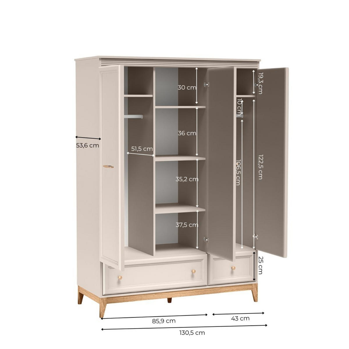 KLEIDERSCHRANK Windsor W-15 135,5 x 193 x 54,5 cm Kaschmir - Kaschmir/Eichefarben, Eichenholz/Holzwerkstoff (135.5/193/54.5cm) - Koseto