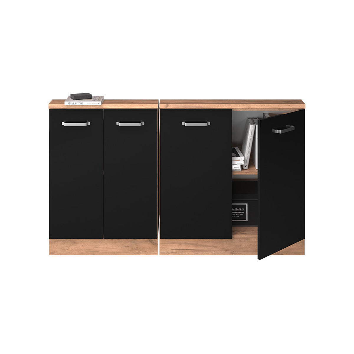 KUCHYŇSKÁ SKŘÍŇKA POD ŠIKMOU STŘECHU R-Line Černý/zlatý dub s vysokým leskem - medově dubová/černá, kompozitní dřevo (140/81.6/46cm) - Vicco