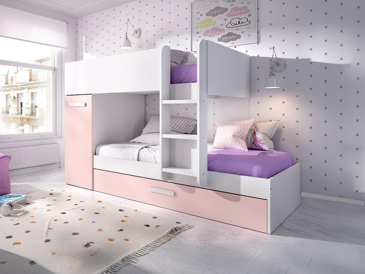 ETAGENBETT Ausziehbett mit Stauraum + Matratzen - 3x 90 x 190 cm - Weiß, Naturfarben & Rosa - ANTHONY - Pink/Weiß, Holz (97/243cm) - Vente-Unique