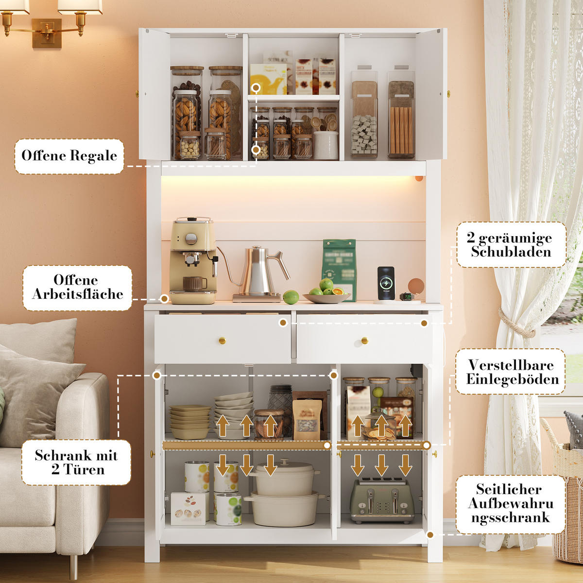 BUFFET DE-38637 100/40/180 cm LED-Beleuchtung und 5 Rattantüren Weiß - Weiß, Holzwerkstoff (100/180/40cm) - ComfortXL