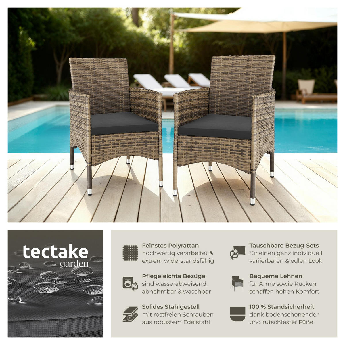 RATTANSTUHL 2er Set Nantes,59 x 57 x 85 cm,natur/dunkelgrau - Naturfarben, Kunststoff (57/85/59cm) - tectake