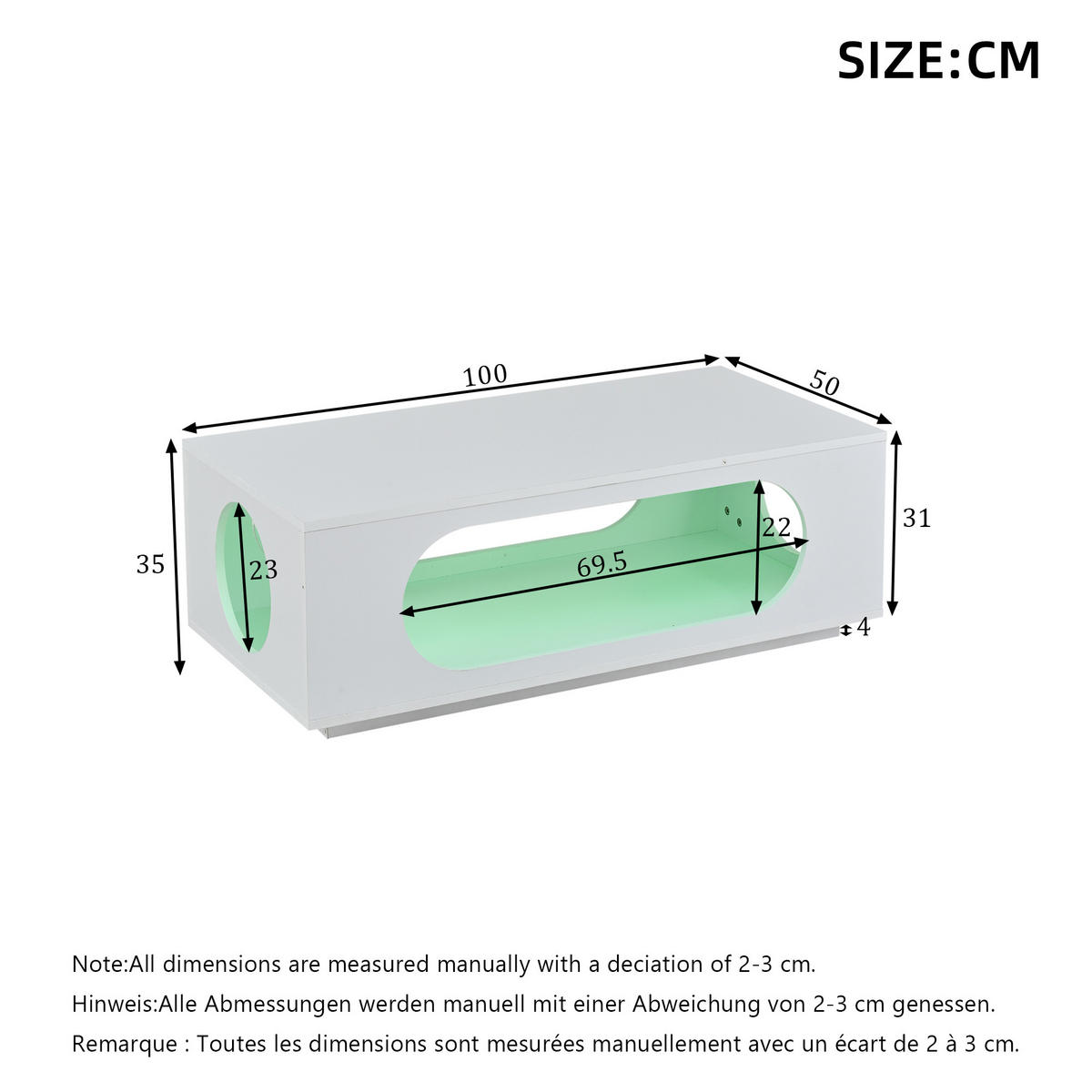COUCHTISCH LED Weiß App-Steuerung 100x50x35cm MDF Stauraum - Weiß, Holzwerkstoff (100/50/35cm) - FLIEKS
