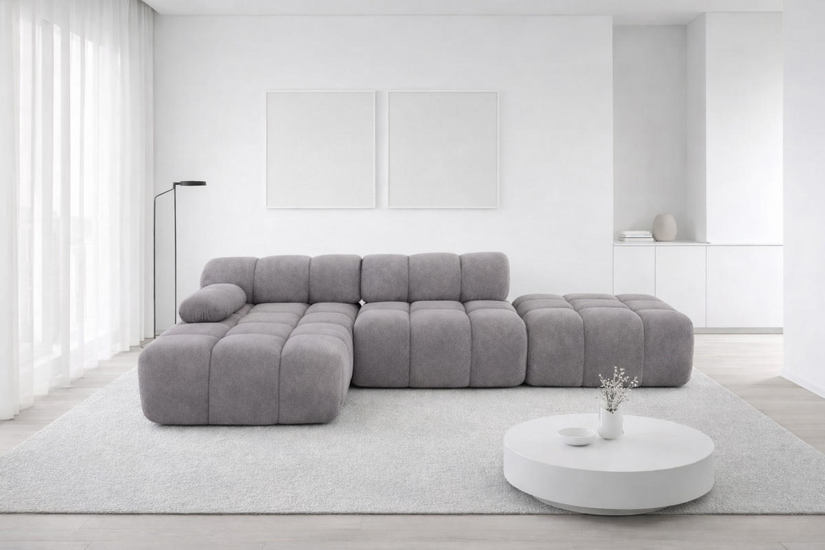 ECKSOFA L-Form Modular Mit Hocker, Veloursstoff Salvador, Grau, Links, Selia - Grau, Holz (285/160cm) - Kaiser Möbel