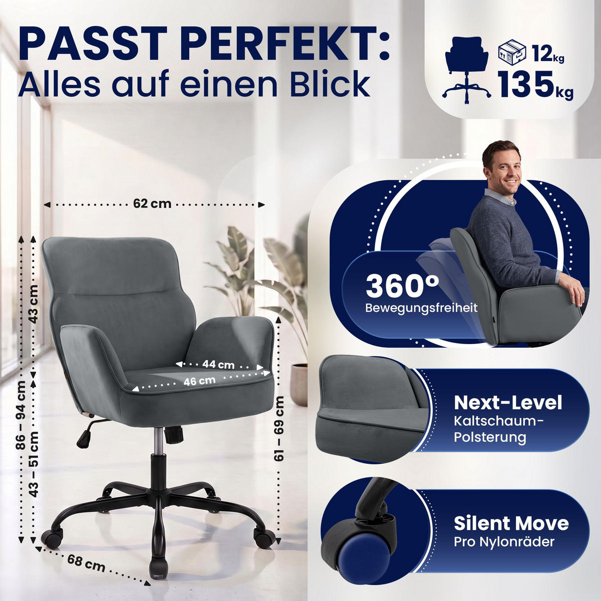 DREHSTUHL Samt Grau - Schwarz/Grau, Textil (62/86/68cm) - CLP