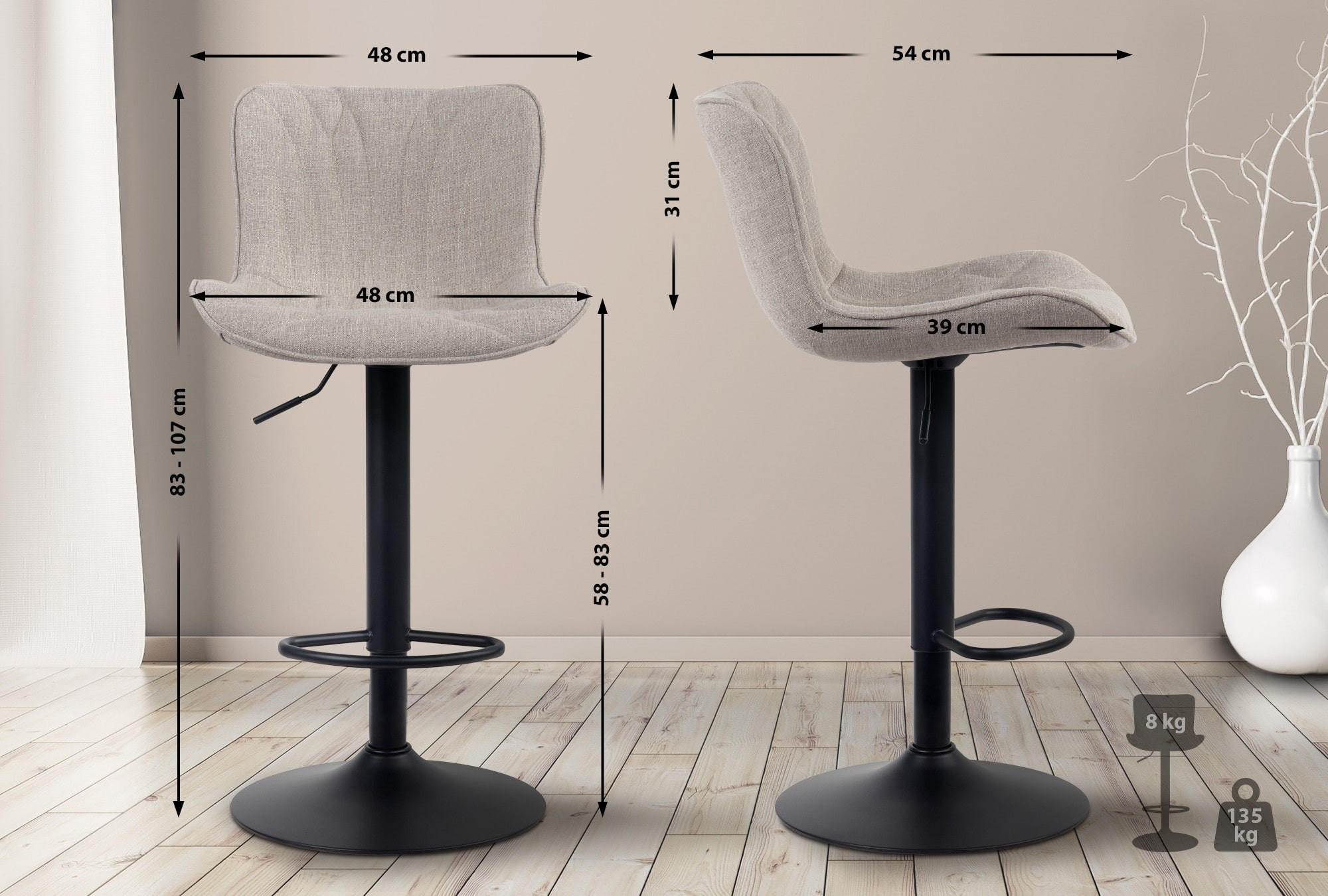 BARHOCKER 2er Set Stoff taupe - Taupe/Schwarz, Textil/Metall (48/83/54cm) - CLP