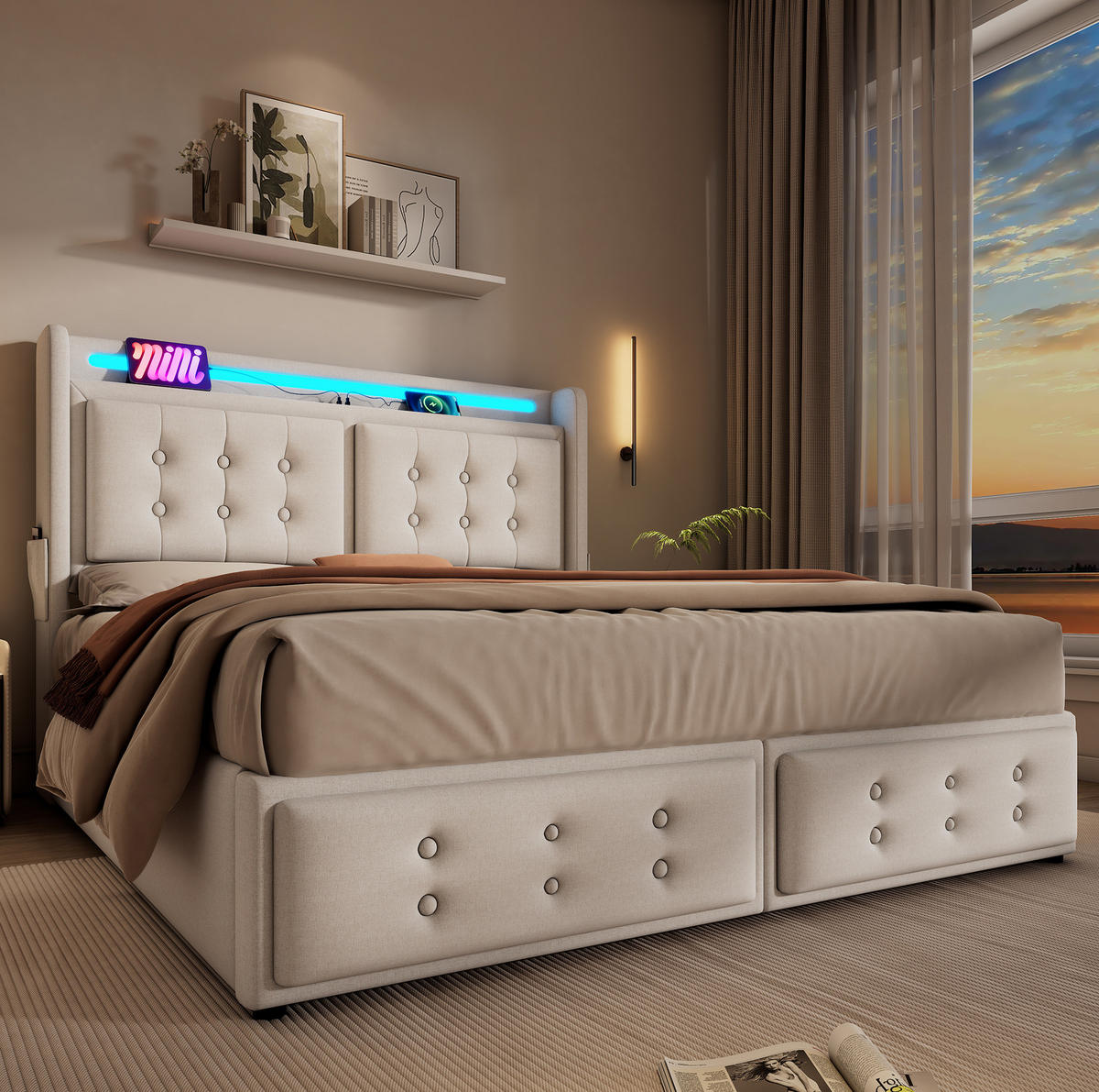 POLSTERBETT 160/200 cm Beige mit LED-Beleuchtung, Stauraum und USB-/Type-C-Anschlüssen - Beige, Textil (160/200cm) - Flora Grace