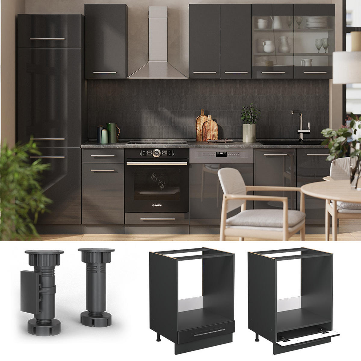 SKŘÍŇKA NA VESTAVĚNOU TROUBU Fame-Line Antracitový vysoký lesk - antracitová/vysoce lesklá černá, kompozitní dřevo (60/82/60cm) - Vicco