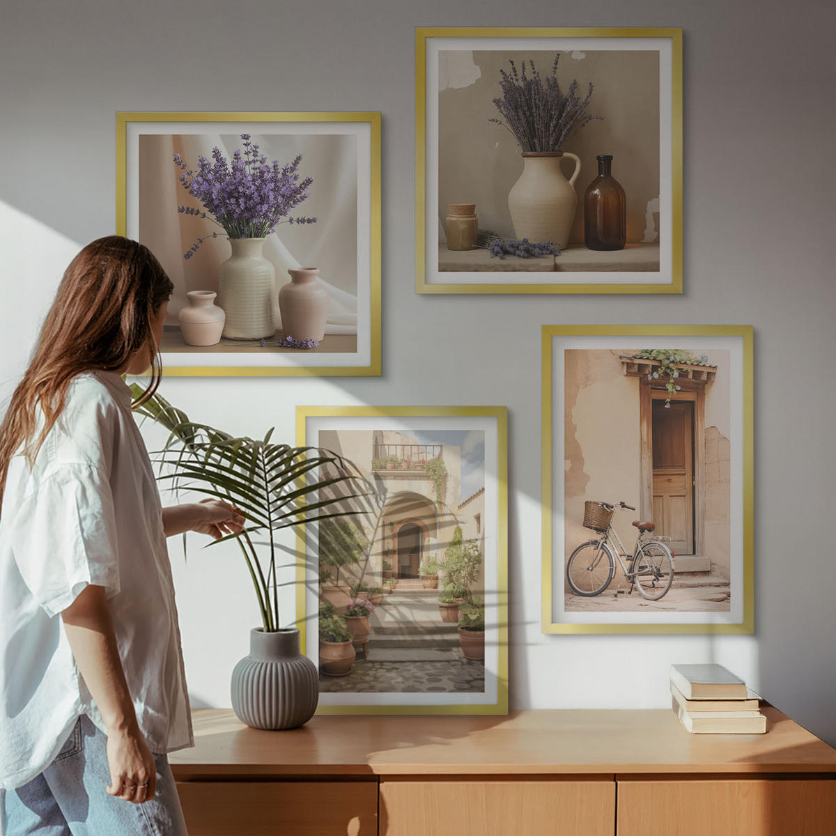 BILDER SET 4er Set - 50x50 cm & 40x60 cm Goldrahmen - Lavendelblüten und Architektur - Goldfarben, Kunststoff (50/50cm) - TULUP
