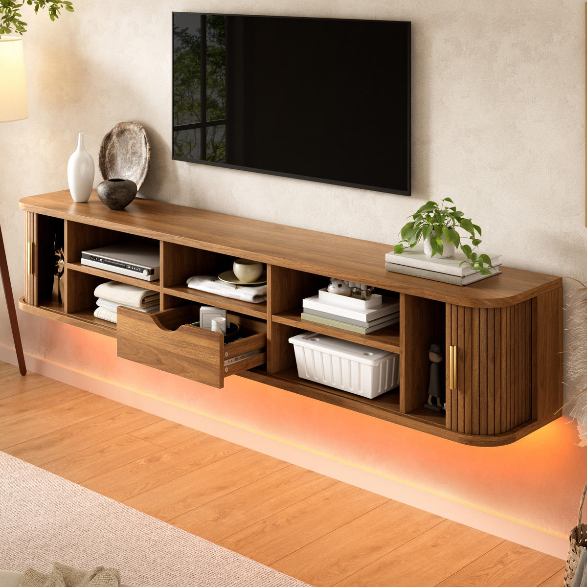TV-BOARD Wandhängend MDF LED Rillenoptik Wohnzimmer - Walnussfarben, Holzwerkstoff (175/30/30cm) - FLIEKS