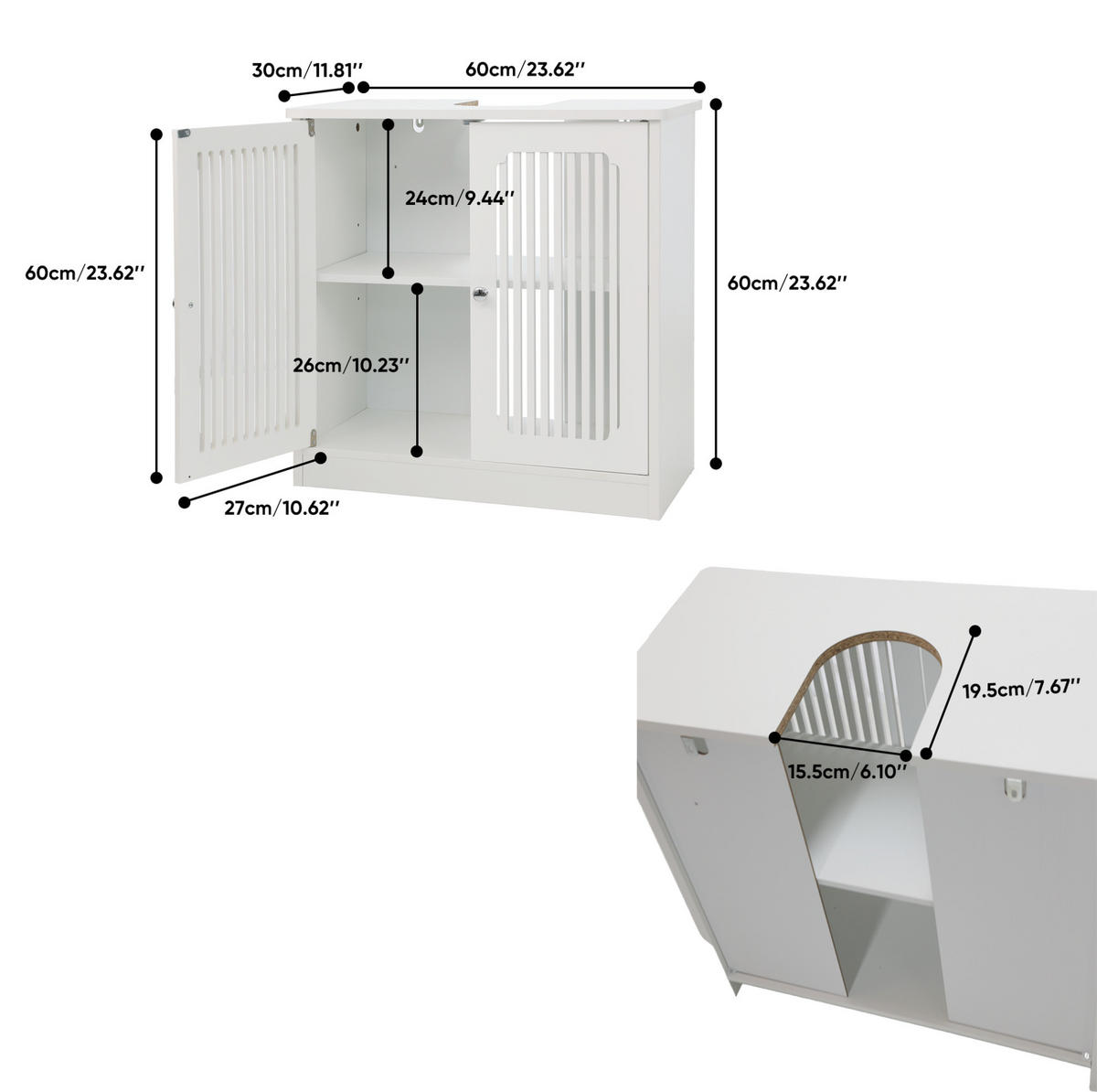 WASCHTISCHUNTERSCHRANK aus MDF 60x30x60 cm und Spanplatte Weiß mit Lamellenfront, verstellbarem Einlegeboden und Stauraum - Weiß, Holzwerkstoff (60/60/30cm) - Modfu