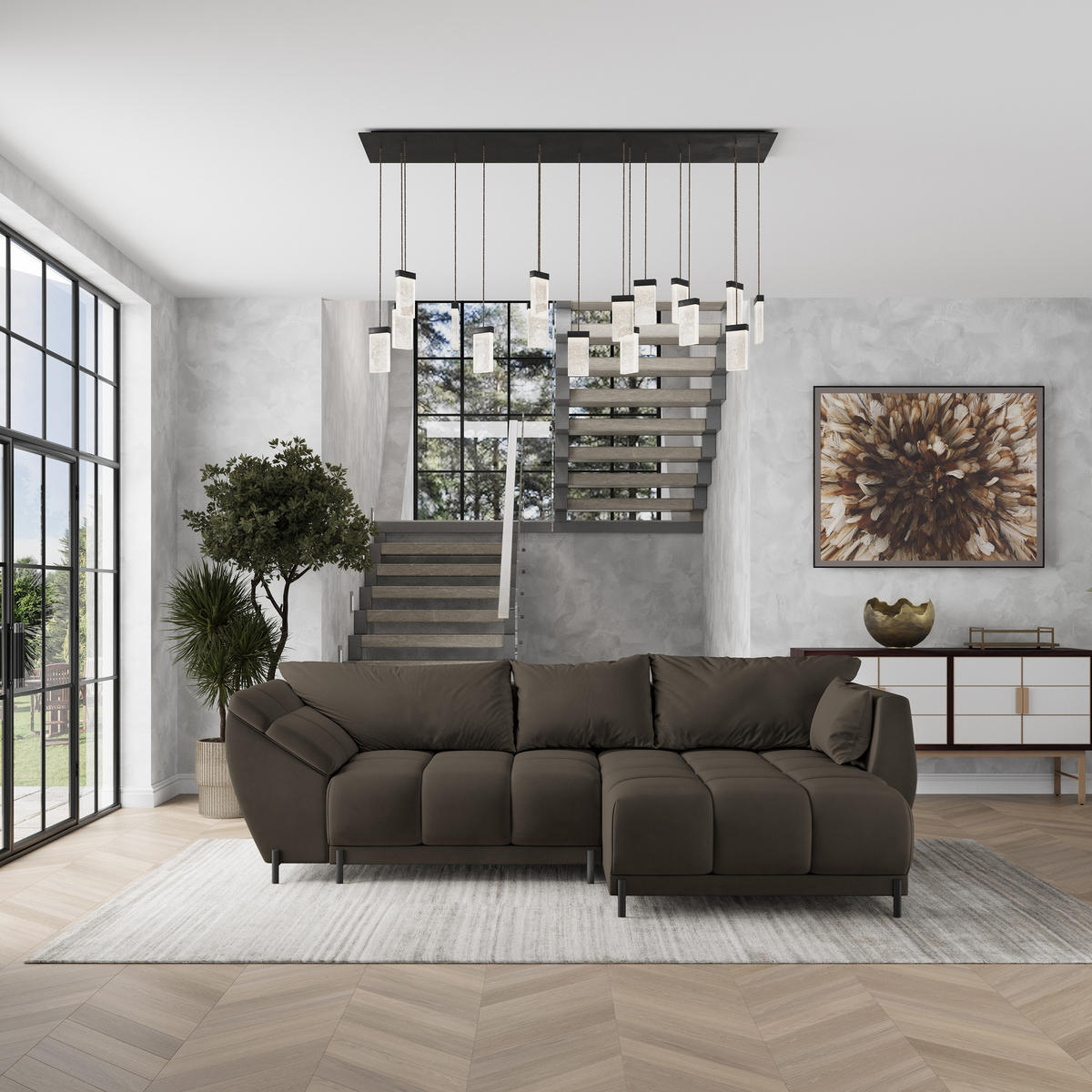 ECKSOFA VESTANO R-S Braun Velours-Stoff mit Schlaffunktion - Braun, Holz (287/182cm) - MASSENO