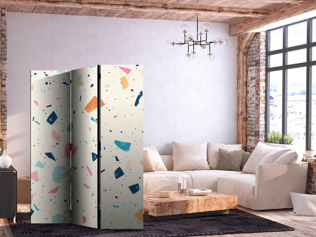 PARAVENT Einseitig Bedruckter 3-tlg 135x172 cm Terrazzo abstrakte Steine - Multicolor, Holz/Textil (135/172/3cm) - Muralo
