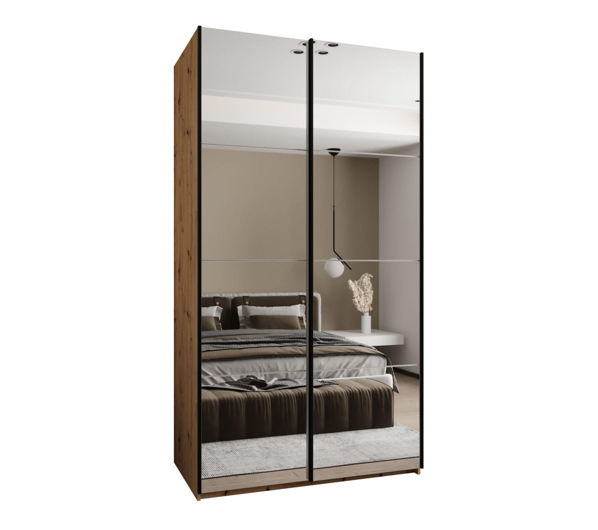 Abiks Möbel Schwebetürenschrank Eiche Artisan, Weiß, Schwarz 130x245x64 cm