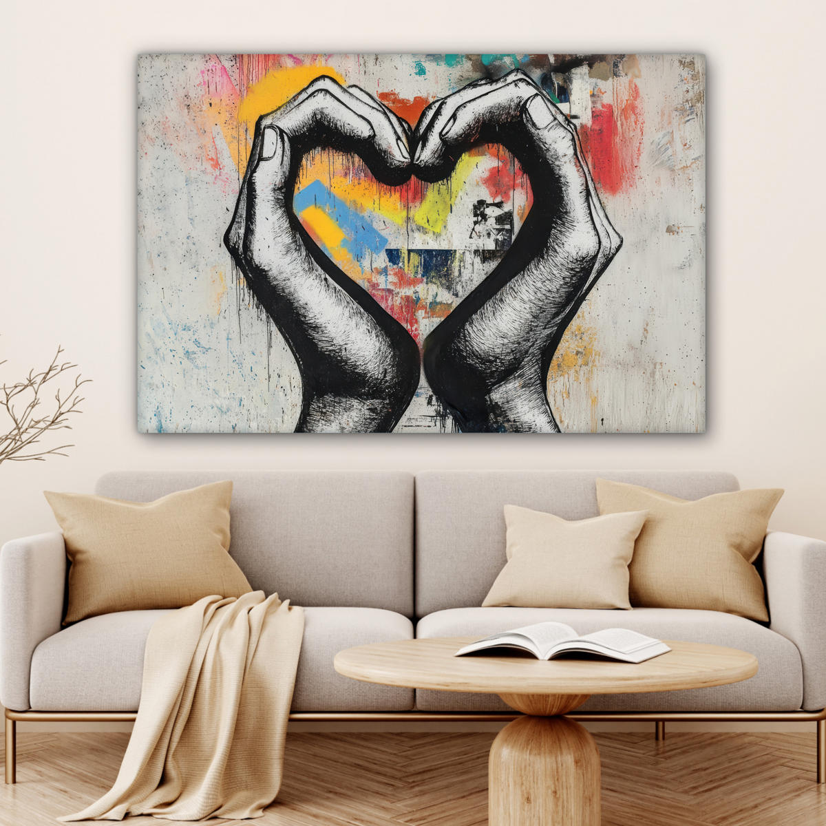 OBRAZ NA PLÁTNE Ruky - Srdce - Street art - Graffiti 150x100 cm - viacfarebná, textil (150/100cm) - MuchoWow