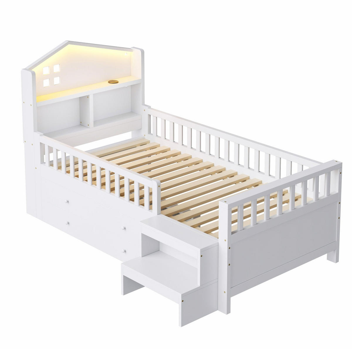 KINDERBETT aus Holz 90x200 cm Weiß mit 4 Schubladen, LED und USB-/USB-C-Anschlüssen - Weiß, Holz (90/200cm) - IVMEU