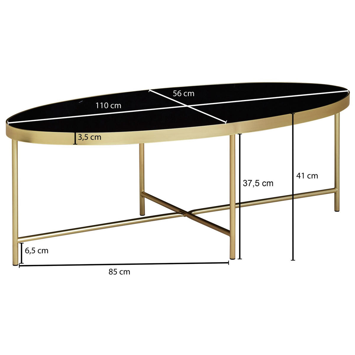 COUCHTISCH Oval in Schwarz/Gold, Glasplatte mit filigranem Metallgestell, Maße 110x56 cm - Goldfarben, Glas/Metall (56/110/40cm) - KADIMA DESIGN