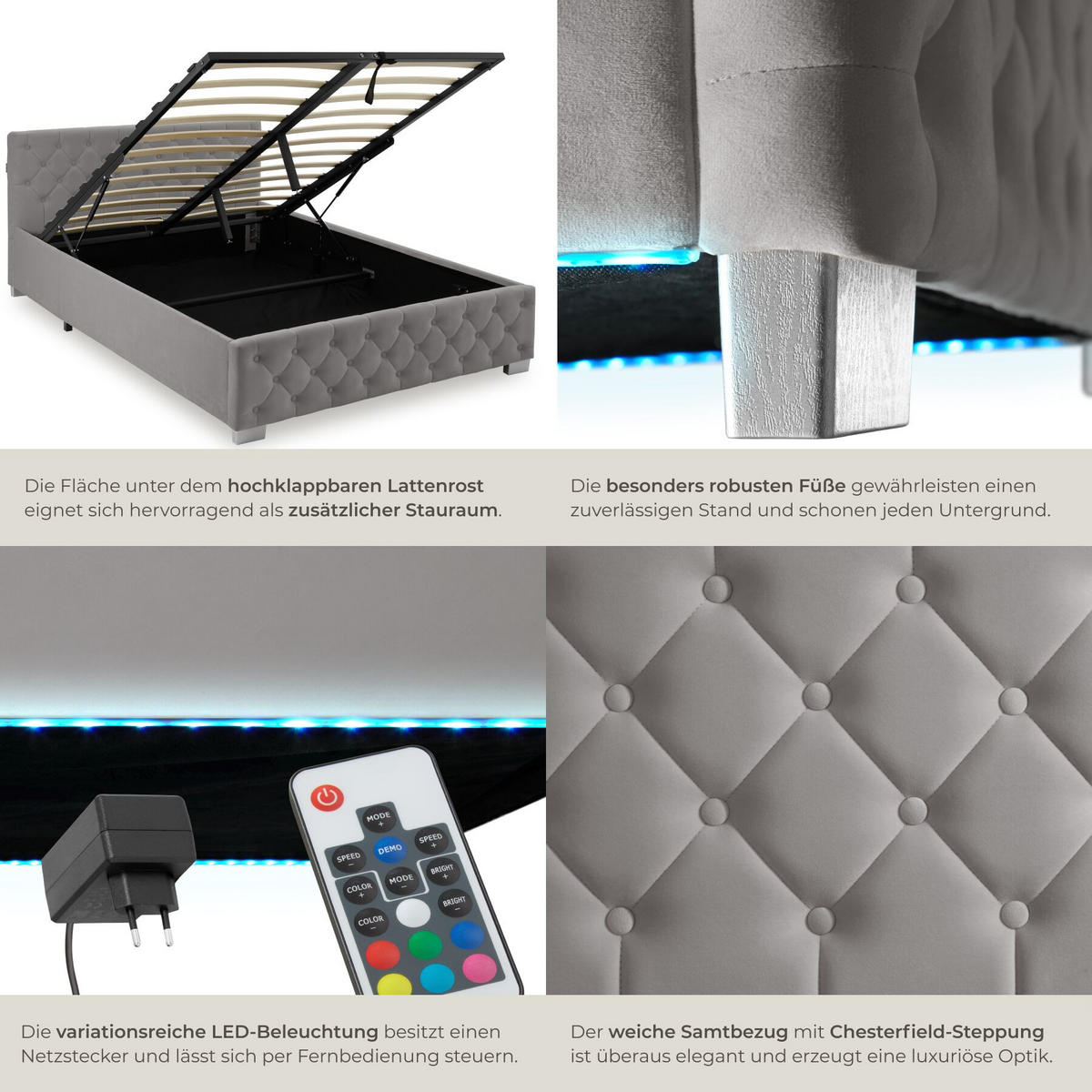 POLSTERBETT Venice, großer Stauraum, dunkelgrau - Dunkelgrau, Holz (140/200cm) - tectake