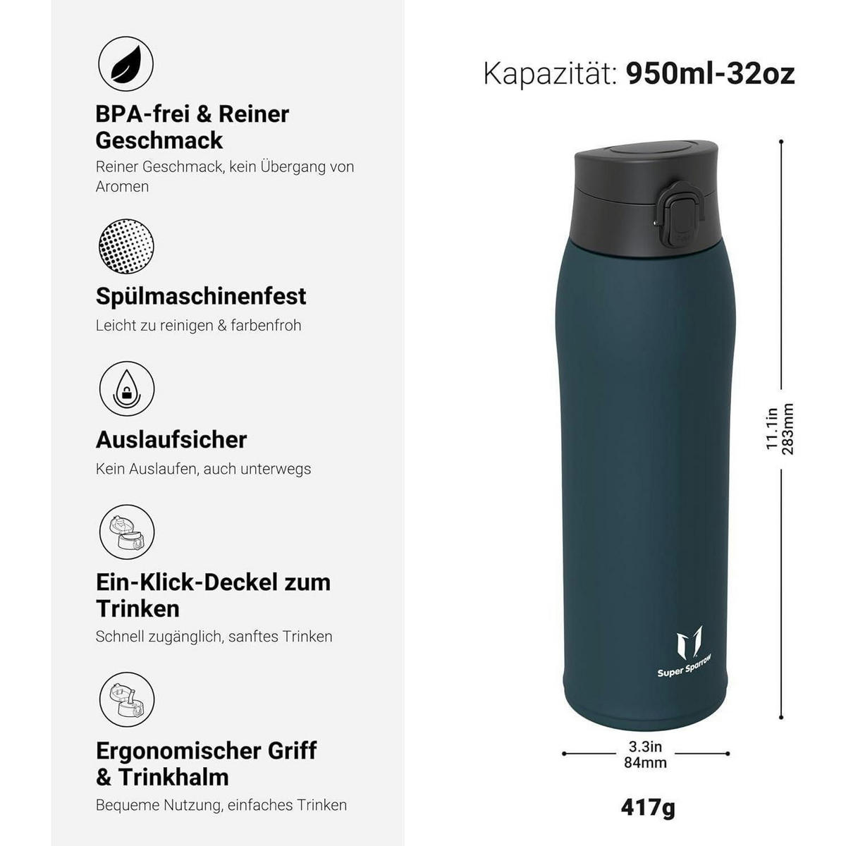 THERMOSFLASCHE Edelstahl 950 ml M-Jade - Petrol, Metall (8.4/8.4cm)