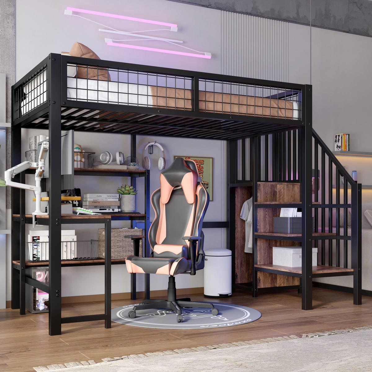 HOCHBETT aus Metall und MDF 90x200 cm Schwarz/Braun mit Schreibtisch, Regalen und Kleiderschrank - Schwarz, Holzwerkstoff (90/200cm) - Modfu