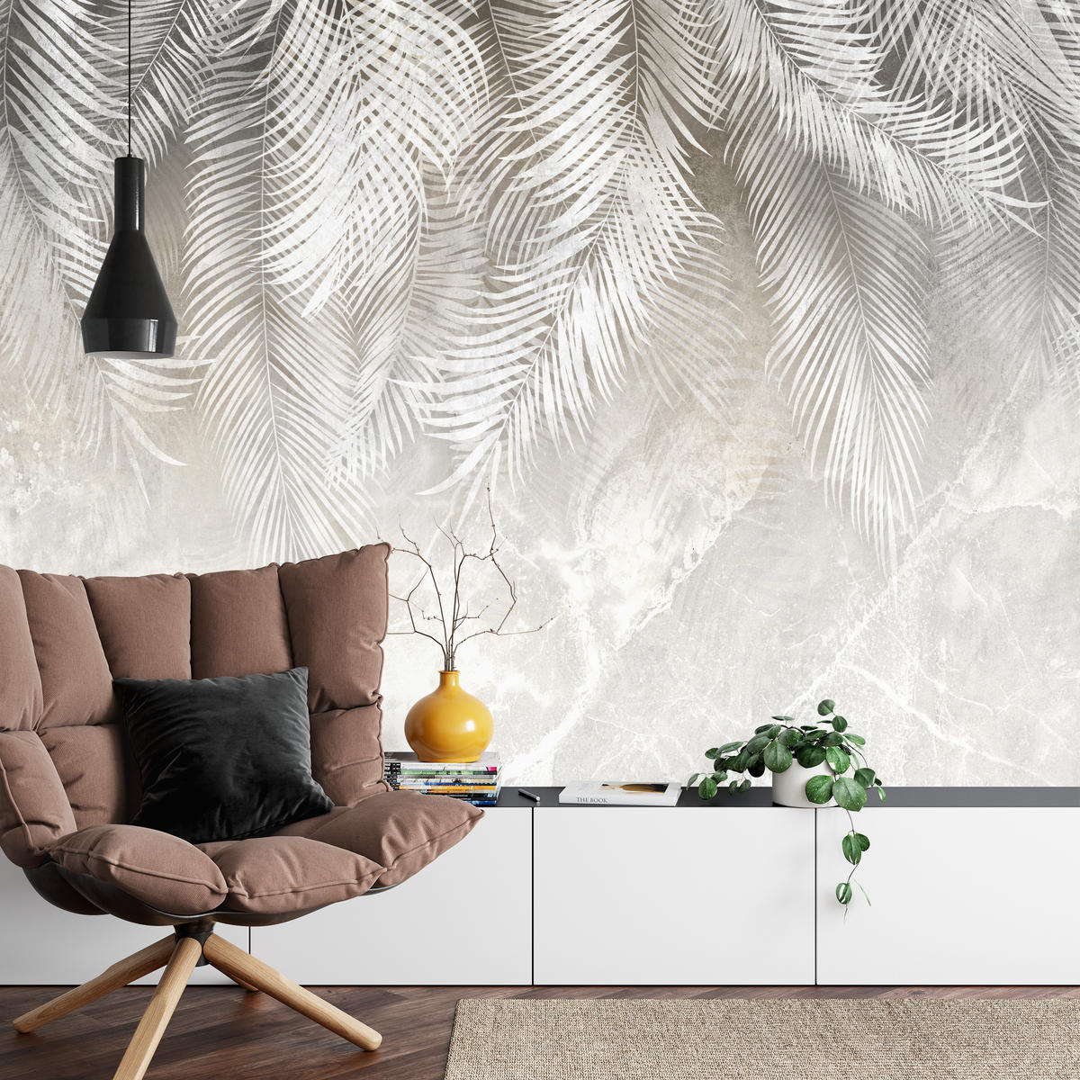 FOTOTAPETE für Schlafzimmer Vintage Palmenblätter auf Marmor Beige 500x350 - Weiß/Grau, Papier (500/350cm) - Muralo