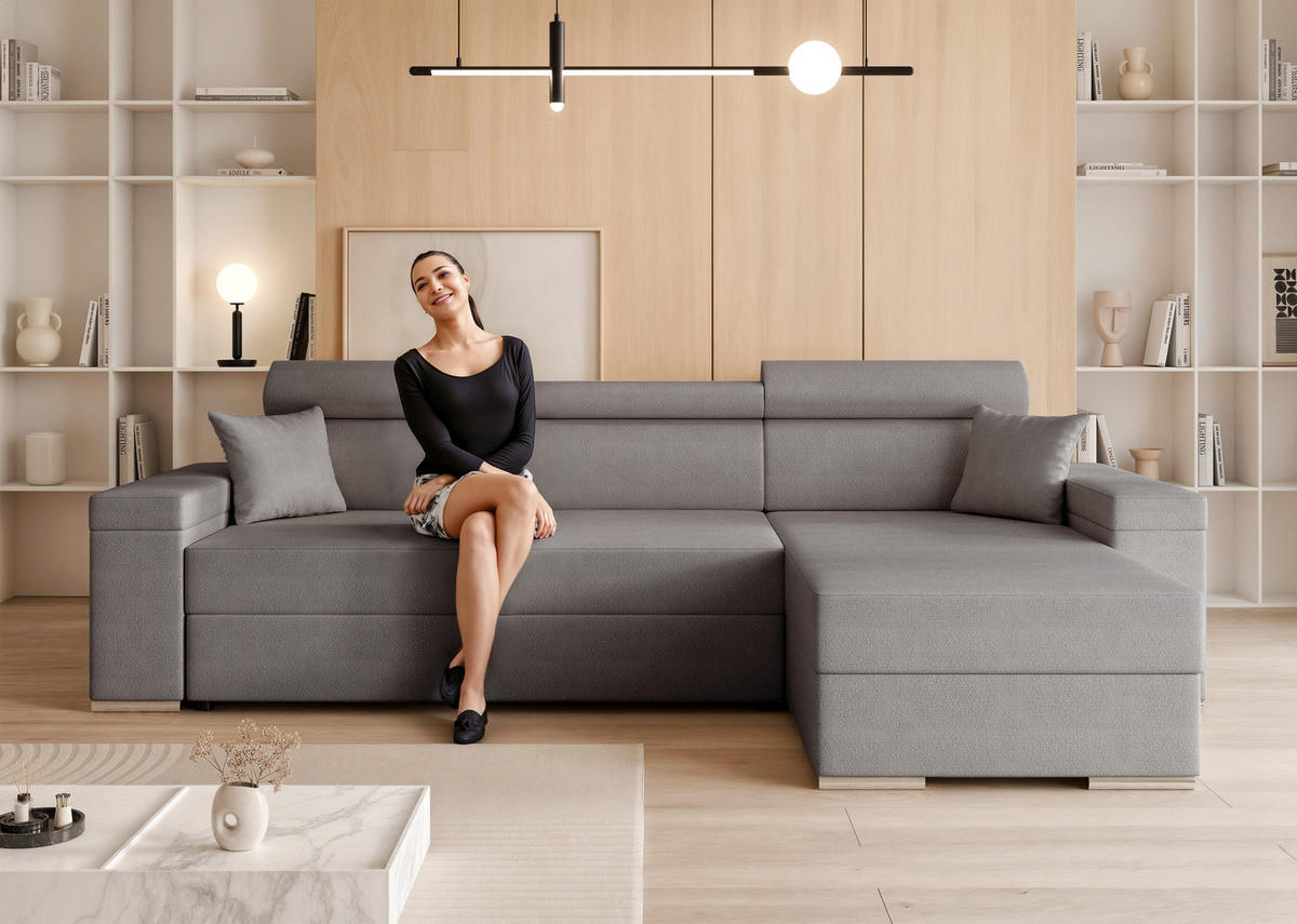 ECKSOFA AISHA mit Schlaffunktion und Bettkasten Grau - Grau, Holzwerkstoff/Kunststoff (250/90cm) - Idohome