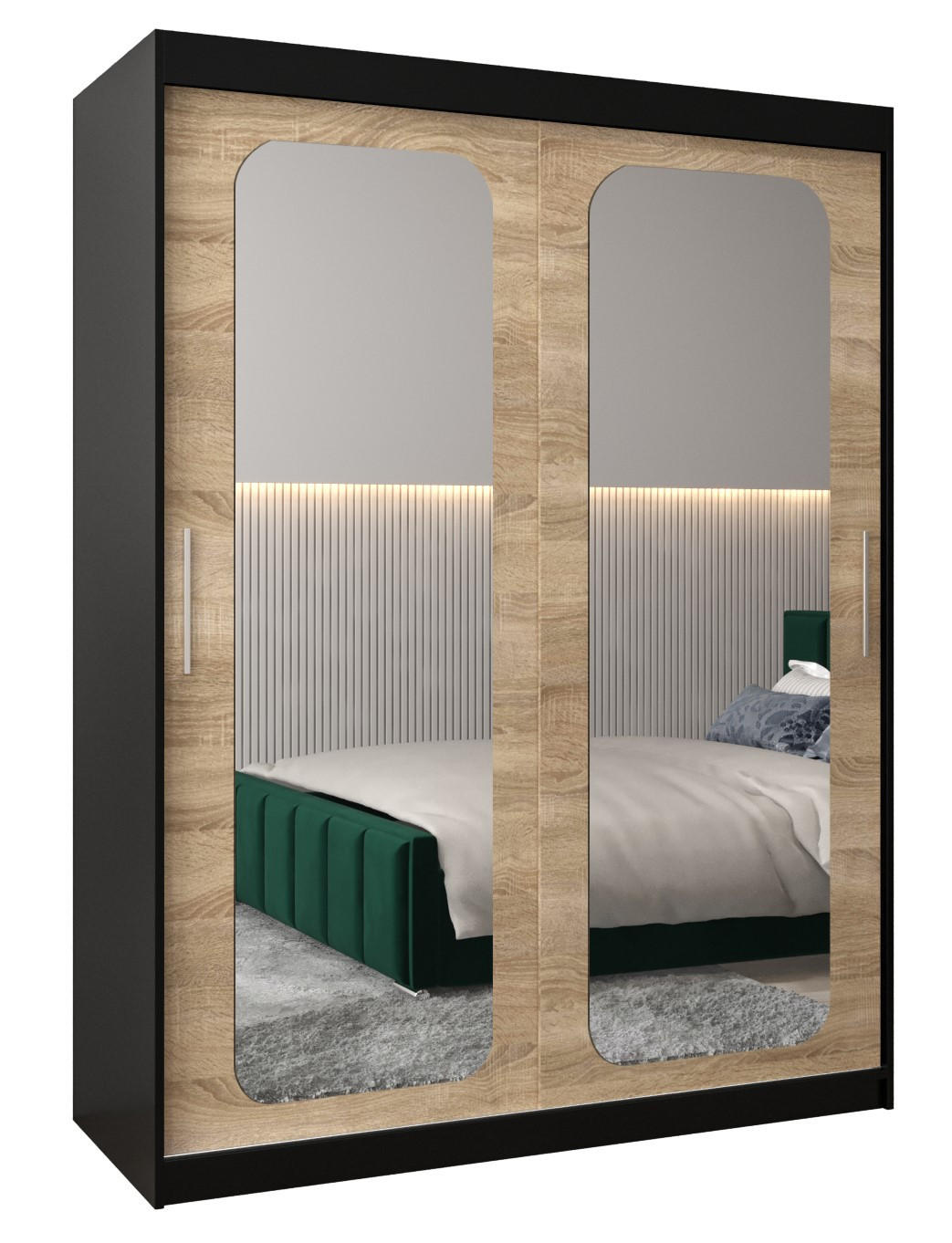 Abiks Möbel SCHWEBETÜRENSCHRANK Schwarz, Sonoma Eiche 150cm × 62cm × 200cm
