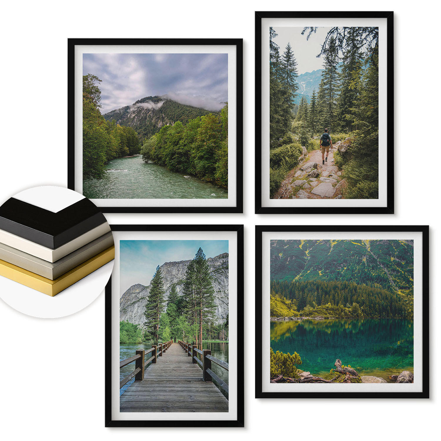 WANDBILDER 4er-Set - 50x50 cm & 40x60 cm Schwarzer Rahmen - Berge, Seen, Wälder, Wege - Schwarz, Kunststoff (50/50cm) - ArtPrintCave