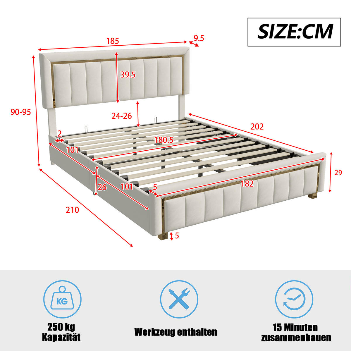 ČALÚNENÁ zamatová posteľ 180x200 cm s hydraulickým boxom a zlatými detailmi - écru, drevo (180/200cm) - SHOPENTRA