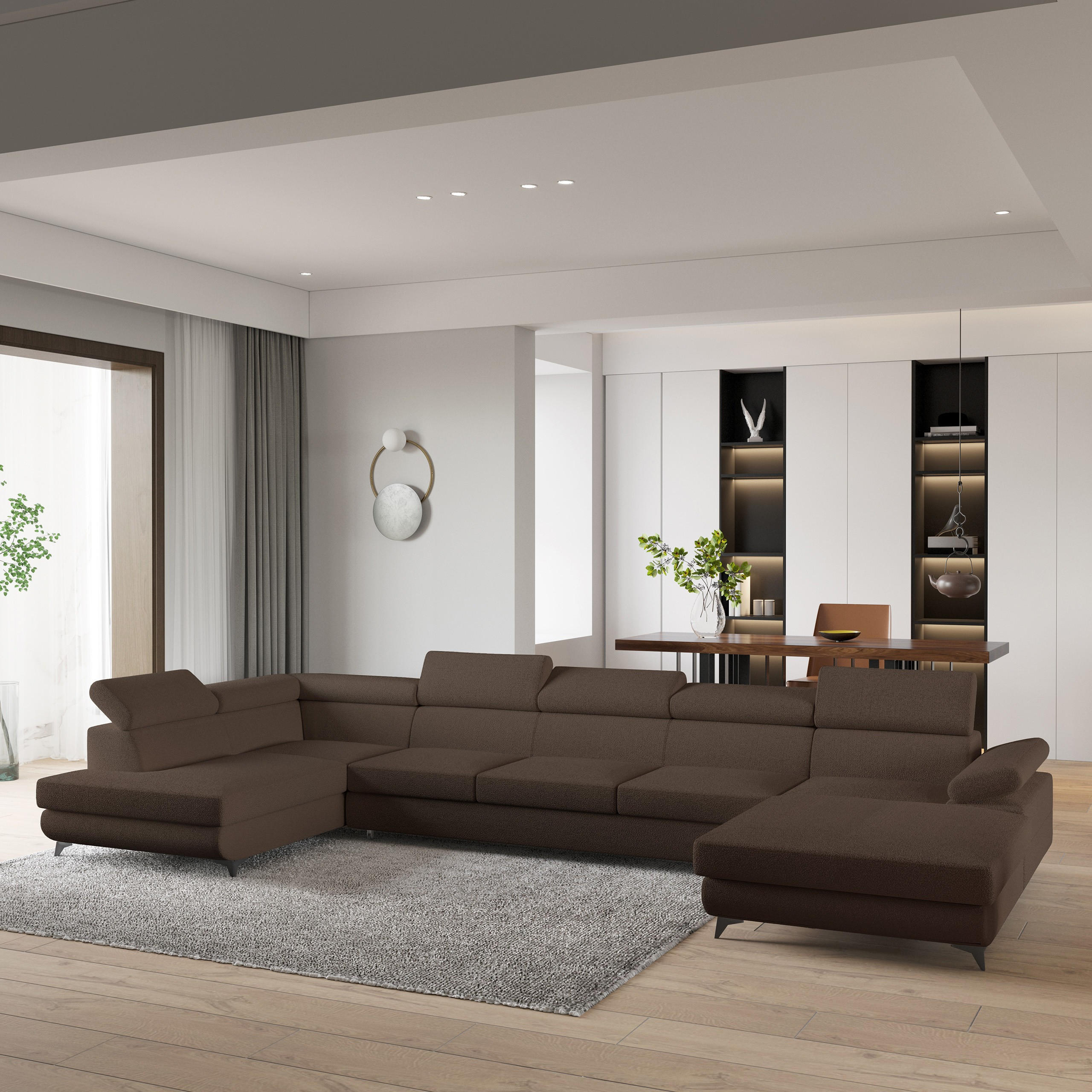 WOHNLANDSCHAFT MONTIVA Braun Boucle-Stoff mit Schlaffunktion - Braun, Holz (410/89/190cm) - MASSENO