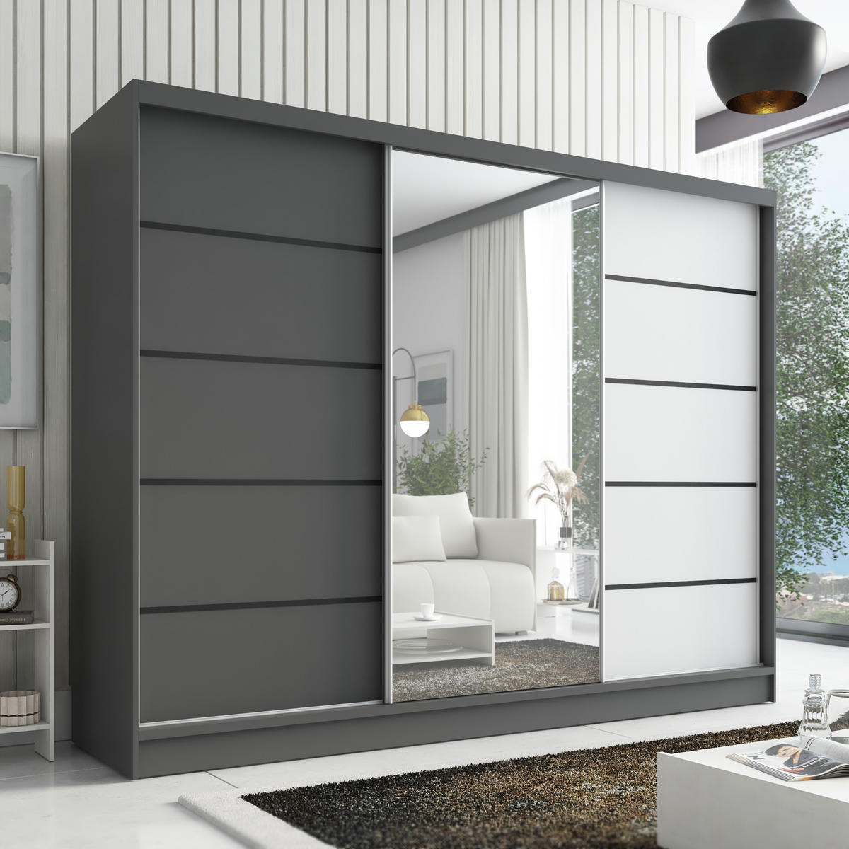 SCHWEBETÜRENSCHRANK 200 cm AURELIA 2 Farbe: Graphit, Graphit, Weiß - Graphitfarben/Weiß, Holzwerkstoff (200/215/60cm) - A&J MöbelLand