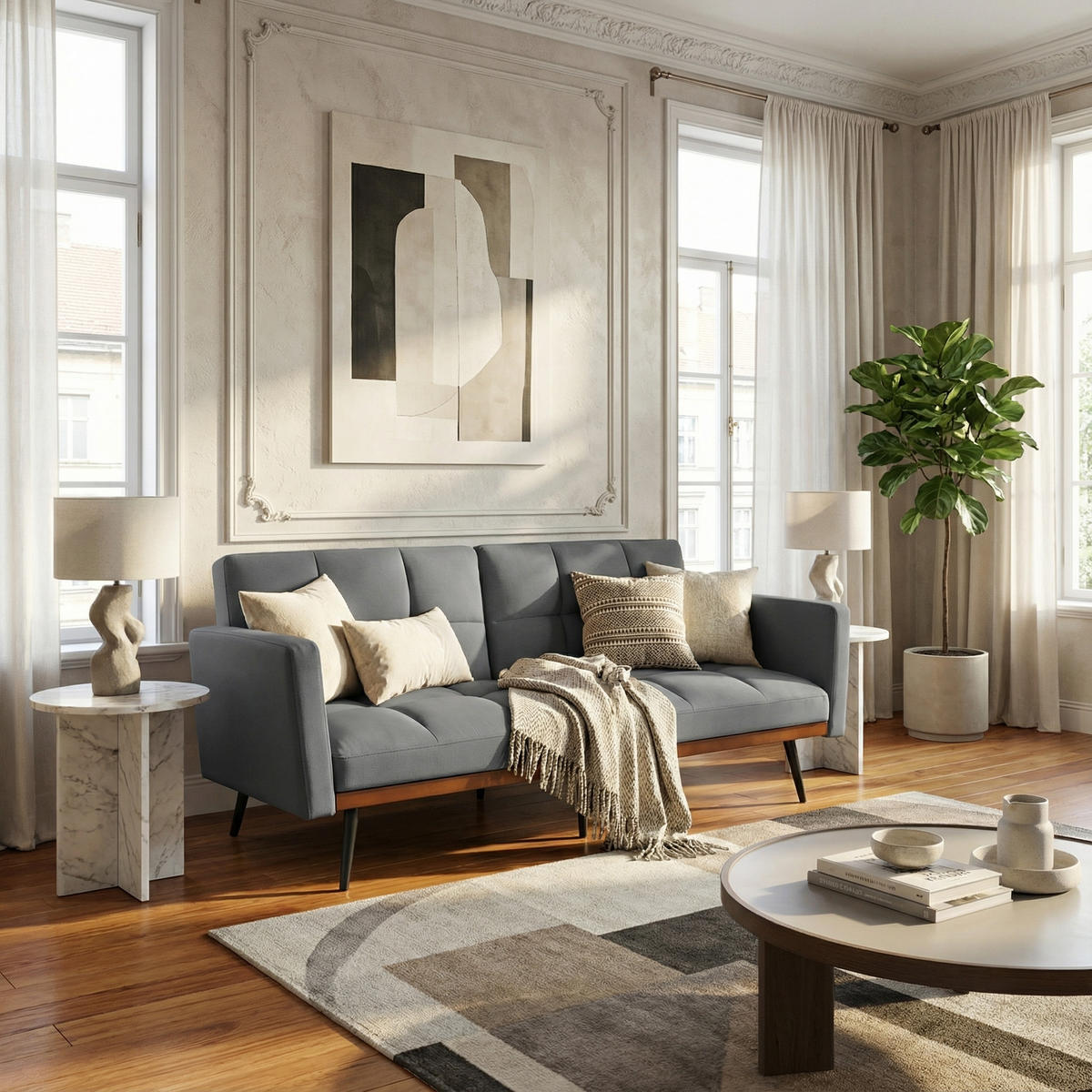 SCHLAFSOFA 146 cm Grau mit Bettfunktion & Leinen-Optik - Dunkelgrau, Textil (146/70/60cm) - Urban Meuble