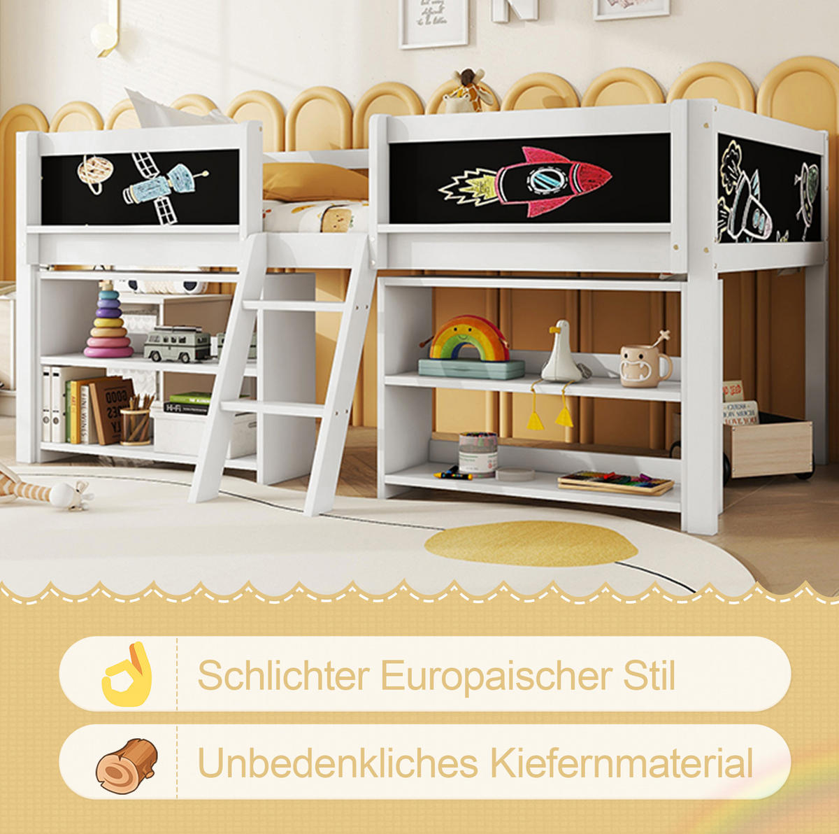KINDERBETT Kindereinzelbetten 90/200 cm mit Stauraum, Sicherheitsgeländer und Zeichentafel, Weiß - Weiß, Holzwerkstoff (90/200cm) - Redom