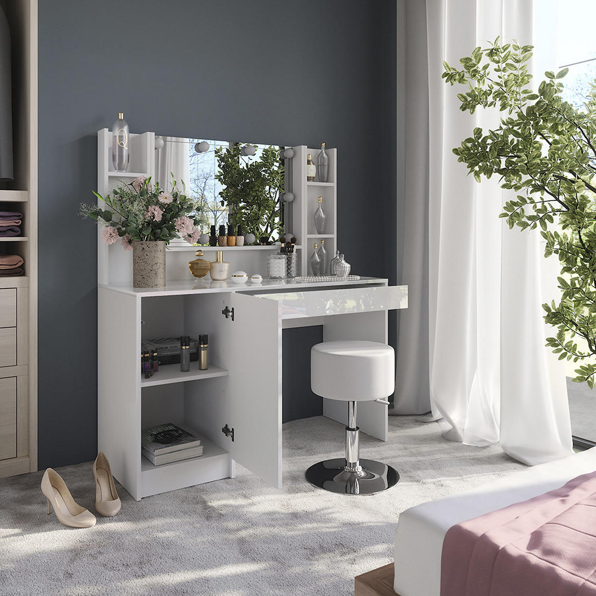 SCHMINKTISCH Sherry Weiß/Weiß Hochglanz 119.8 cm 5 Teile - Weiß Hochglanz, Holzwerkstoff (119.8/76/50.1cm) - Vicco