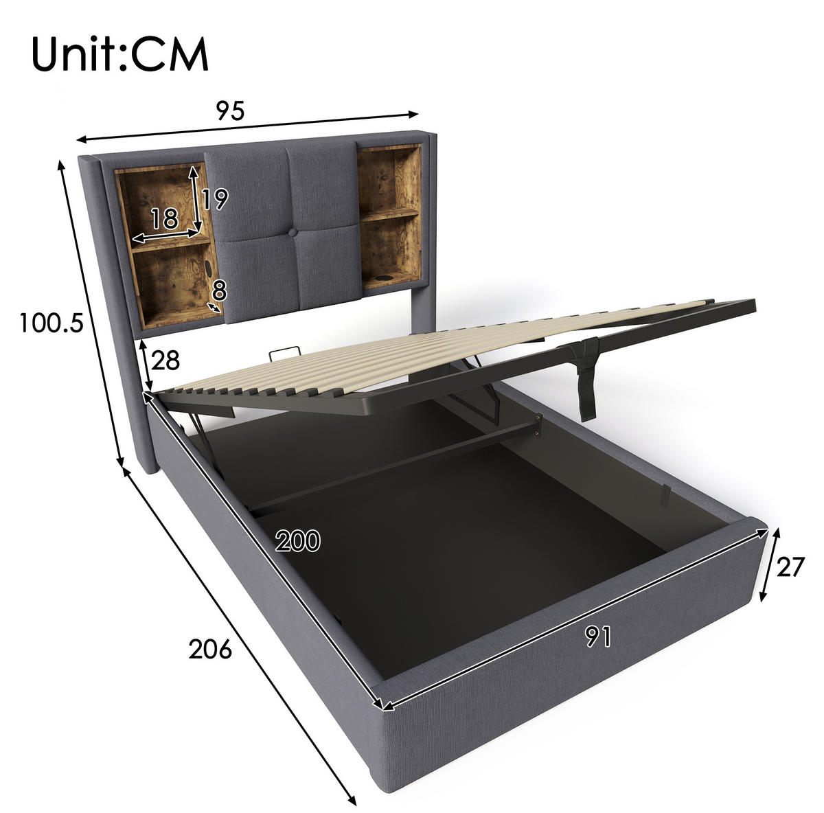 POLSTERBETT 90/200 cm mit kabellosem Laden, USB-C, Bettkasten und Matratze aus Baumwolle, Grau - Grau, Textil (90/200cm) - Redom