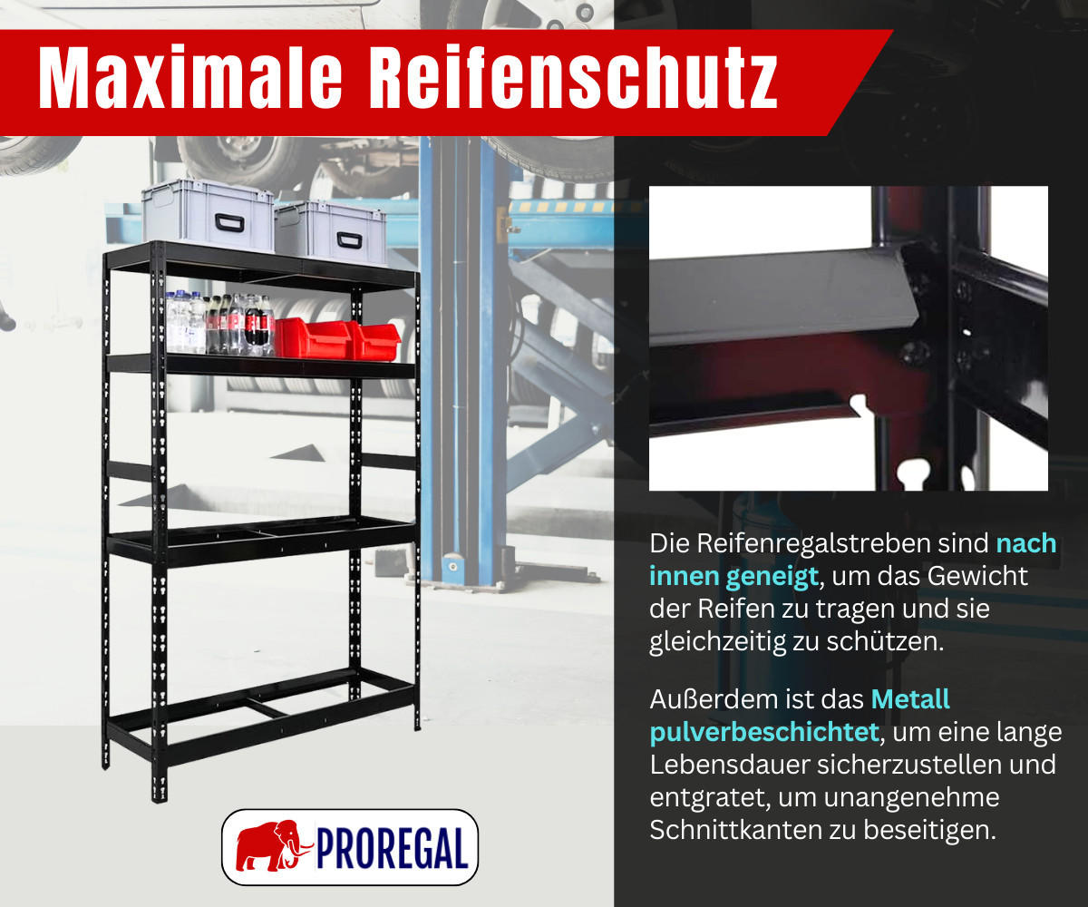 REIFENREGAL Tiger 180x120x40 cm bis zu 12 Reifen auf 2 Ebenen + 2 Ablagen Schwarz - Schwarz, Metall (120/180/40cm) - PROREGAL