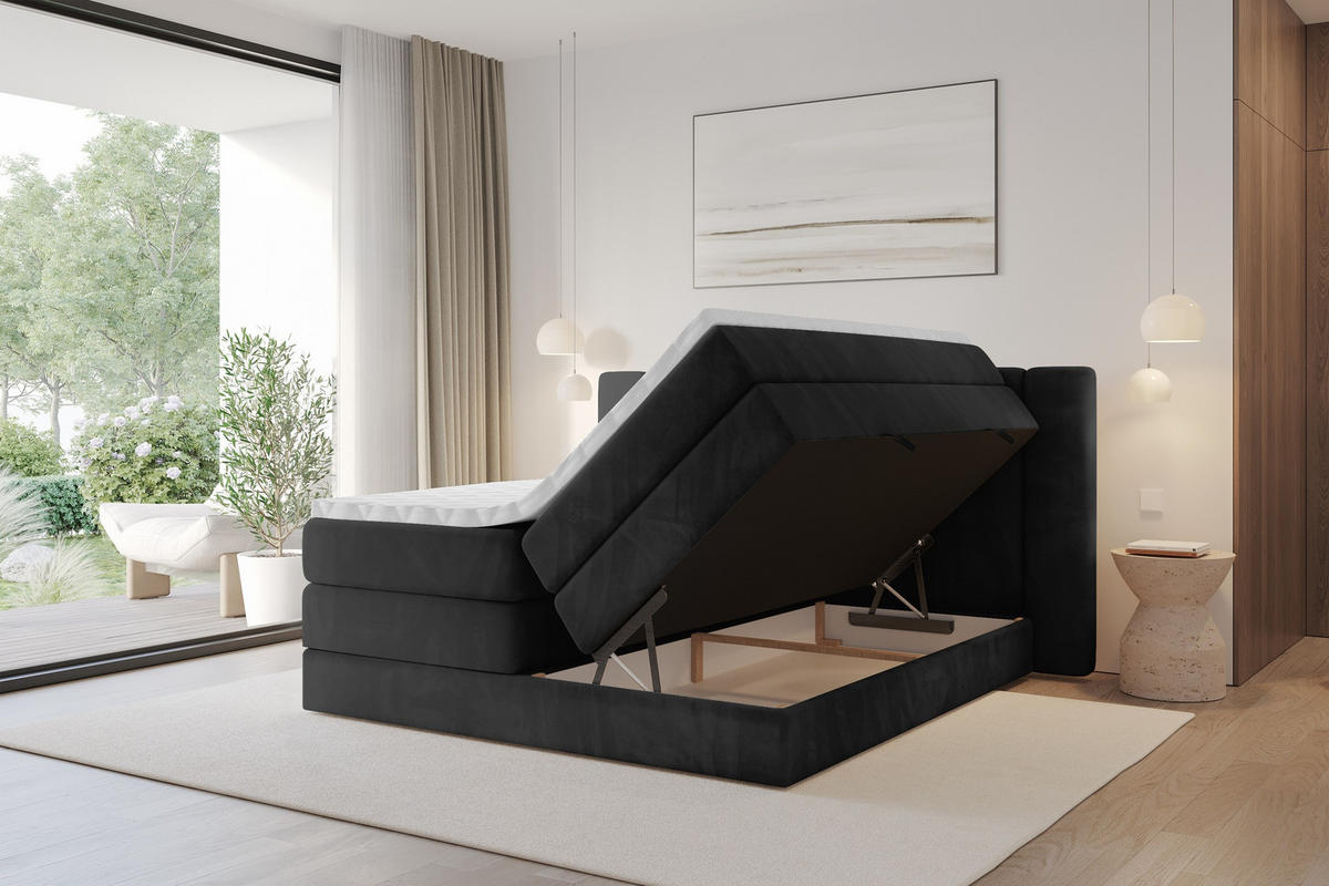 BOXSPRINGBETT mit Matratze H3/H4 - EVON KING - 140x200 cm Schwarz - Schwarz, Holzwerkstoff (140/200cm) - ALTDECOR