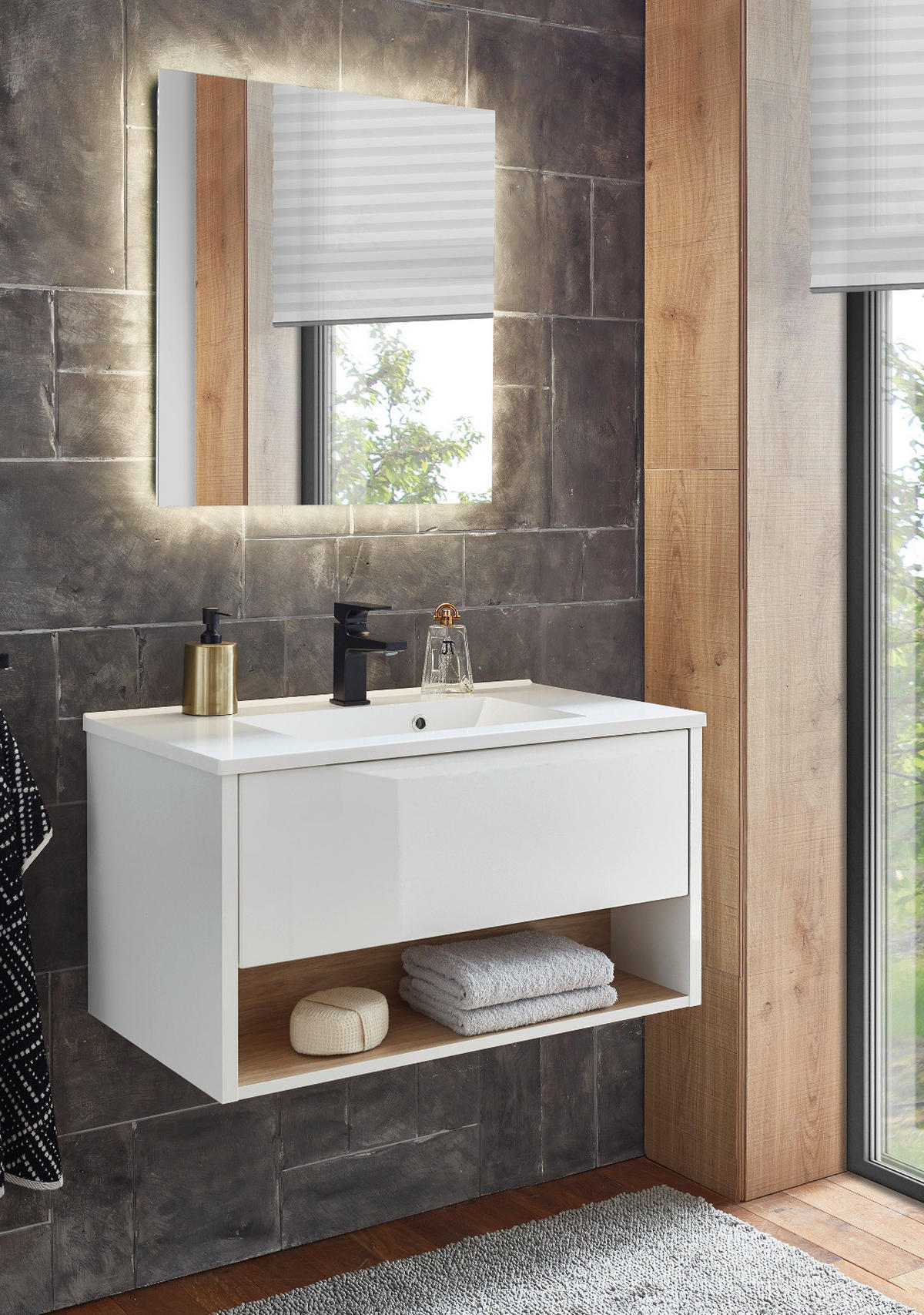 BADMÖBEL Set in weiß Hochglanz und Eiche mit Waschbecken und LED Beleuchtung 80 x 190 cm Glide - Weiß Hochglanz/Eichefarben, Glas/Holzwerkstoff (80/190/47cm) - Furn.Design