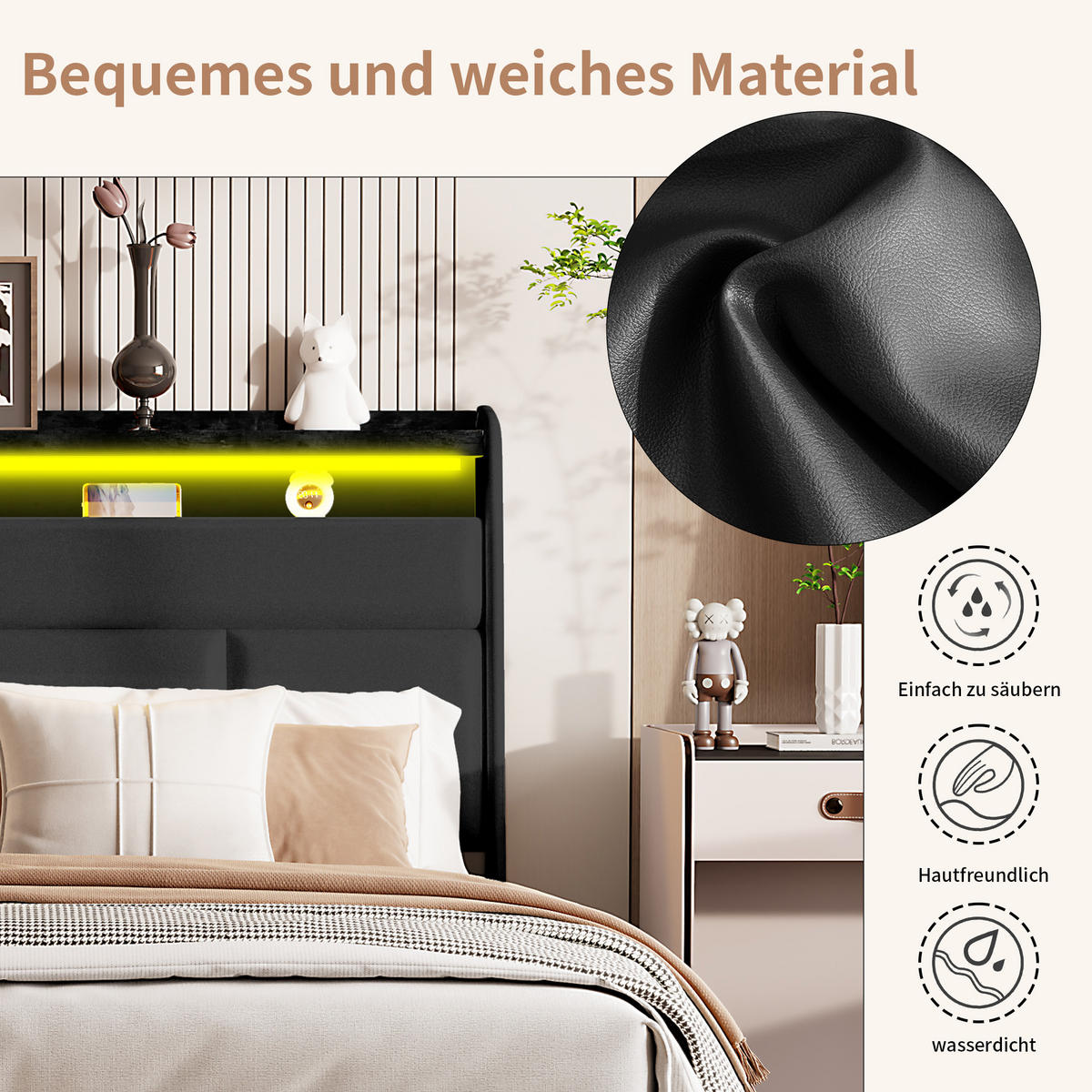 POLSTERBETT 160x200 cm, Schwarz, Doppelbett mit LED-Beleuchtung - Schwarz, Textil/Metall (160/200cm)
