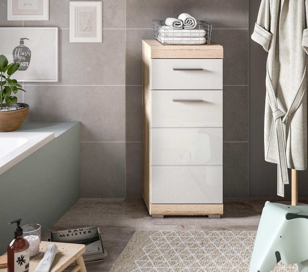 STANDSCHRANK Lambada Bad in Sonoma Eiche hell und weiß hochglanz B/H/T: 37x88x31 cm - Eichefarben, Holz (37/88/31cm)