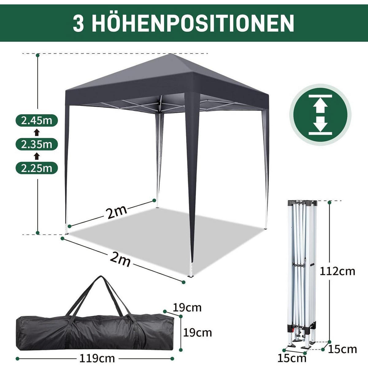 FALTPAVILLON 2 x 2 m Grau mit 4 Seitenteilen - Schwarz, Textil (200/255/200cm)