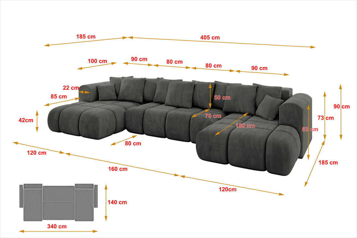 WOHNLANDSCHAFT CLOUD-U-v1 405x185x90 Dunkelgrau Velours - Dunkelgrau, Holzwerkstoff/Kunststoff (405/90/185cm) - ALTDECOR