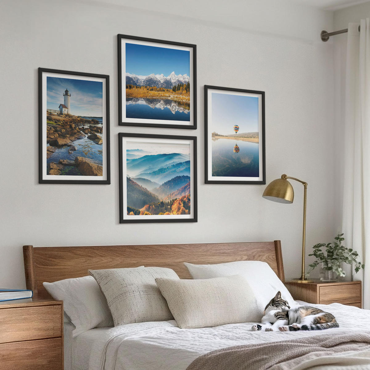 BILDER SET 4er Set - 50x50 cm & 40x60 cm Schwarzer Rahmen - Ausblicke auf die Natur, Leuchtturm, Berge - Schwarz, Kunststoff (50/50cm) - TULUP
