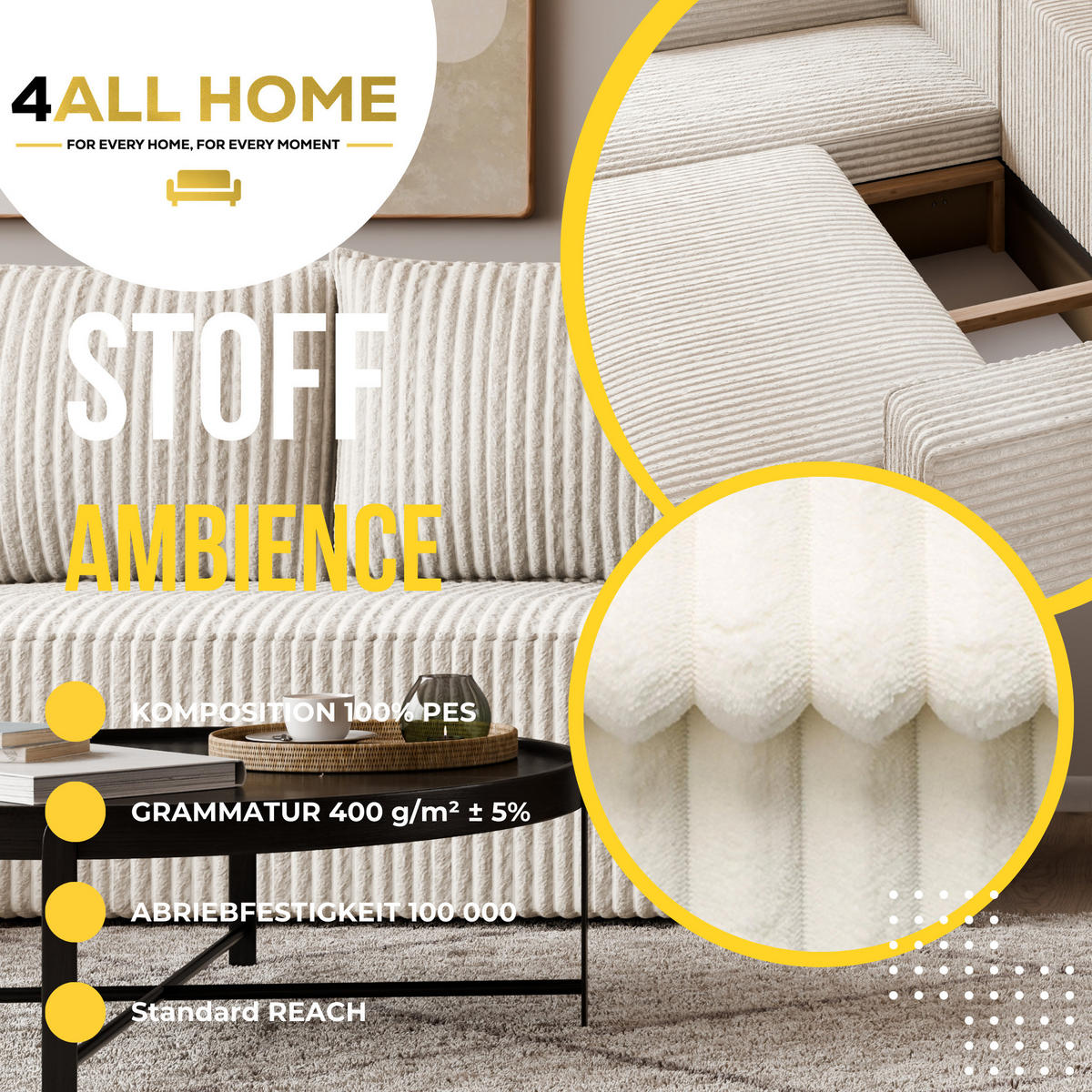 ECKSOFA Tobi mit Bettkasten und Schlaffunktion, L-Form, Cordstoff, Universal - Ecru, Holzwerkstoff (246/145cm) - 4ALL HOME