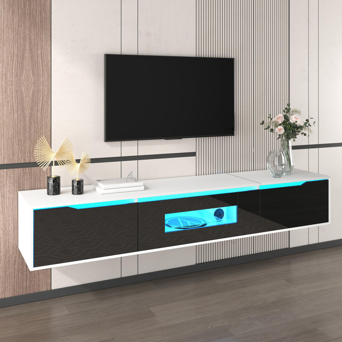 TV-SCHRANK aus Holzwerkstoff 180x35x30 cm Weiß/Schwarz mit LED-Beleuchtung und geriffelten Türen - Schwarz, Holzwerkstoff (180/35/30cm) - Modfu