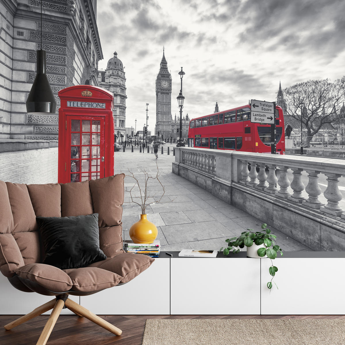 FOTOTAPETE für Wohnzimmer Rote Telefonzelle London Monument BIG BEN Bus 250x175 - Rot/Weiß, Papier (250/175cm) - Muralo