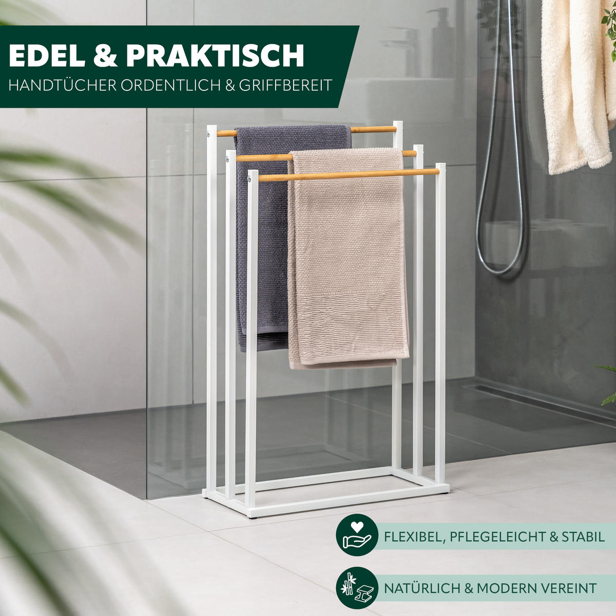 STAND-HANDTUCHHALTER, Bambus/Metall weiß - Weiß, Metall (45.5/76.5/22cm) - eluno